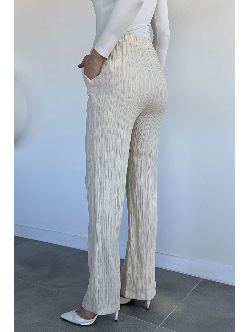 Bej Kadın Bel Lastikli Pantolon-2