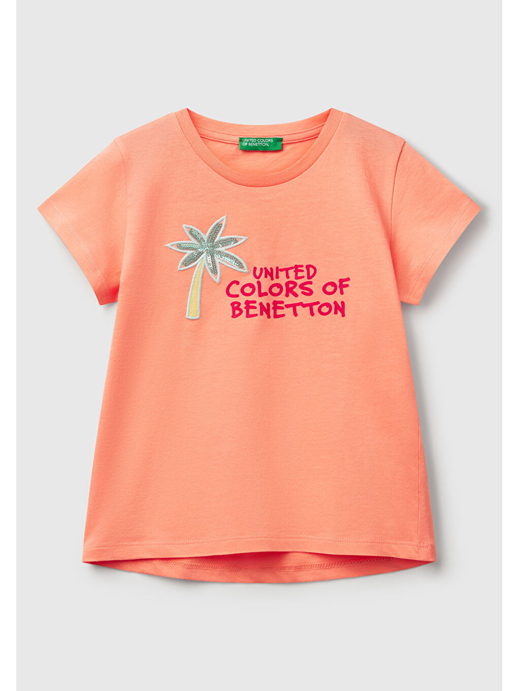 Bej Kız Çocuk Yavruağzı Simli Benetton Logo Baskılı T-Shirt