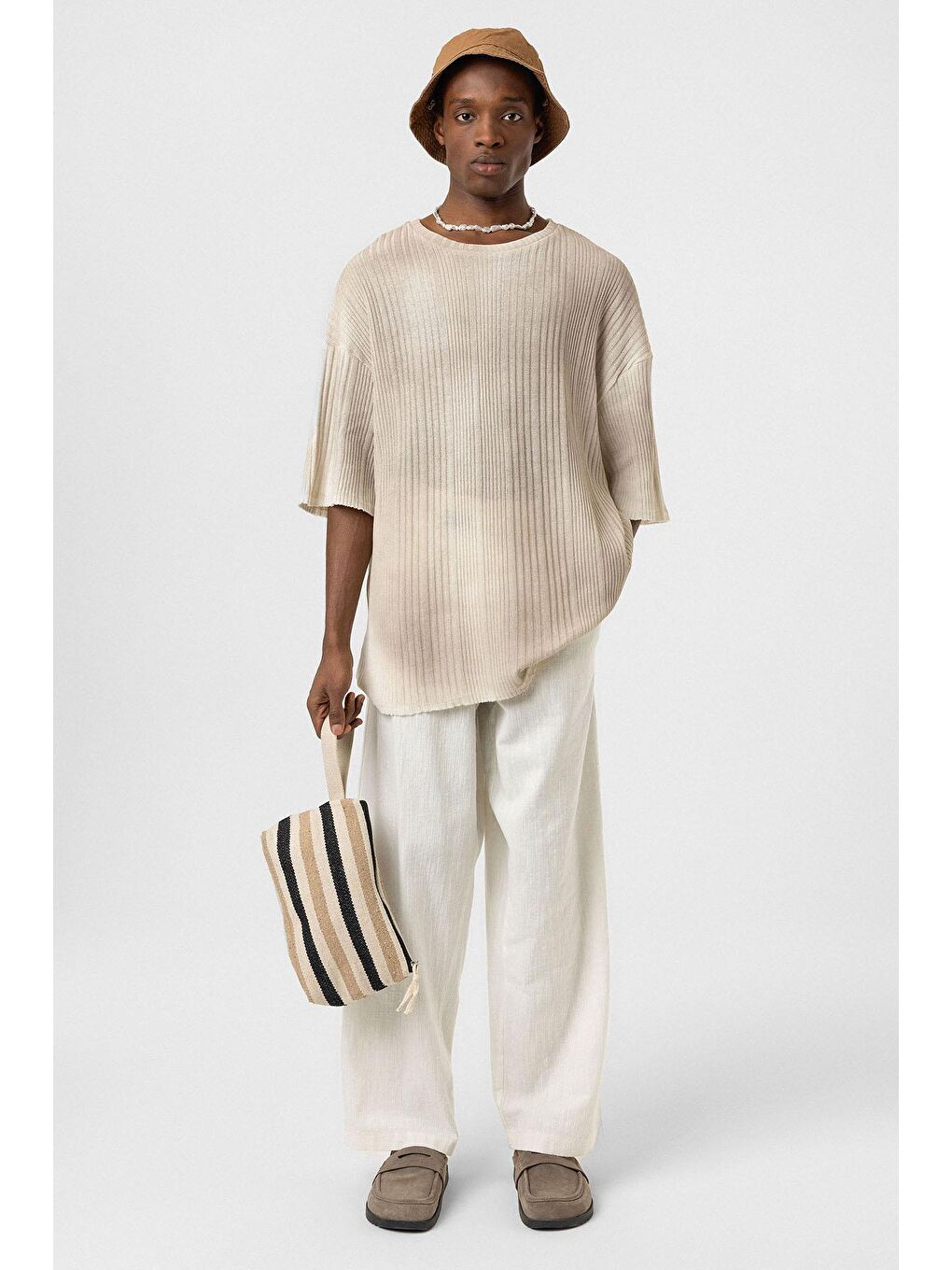 Bej Yıkamalı Oversize Triko Tişört Vizon