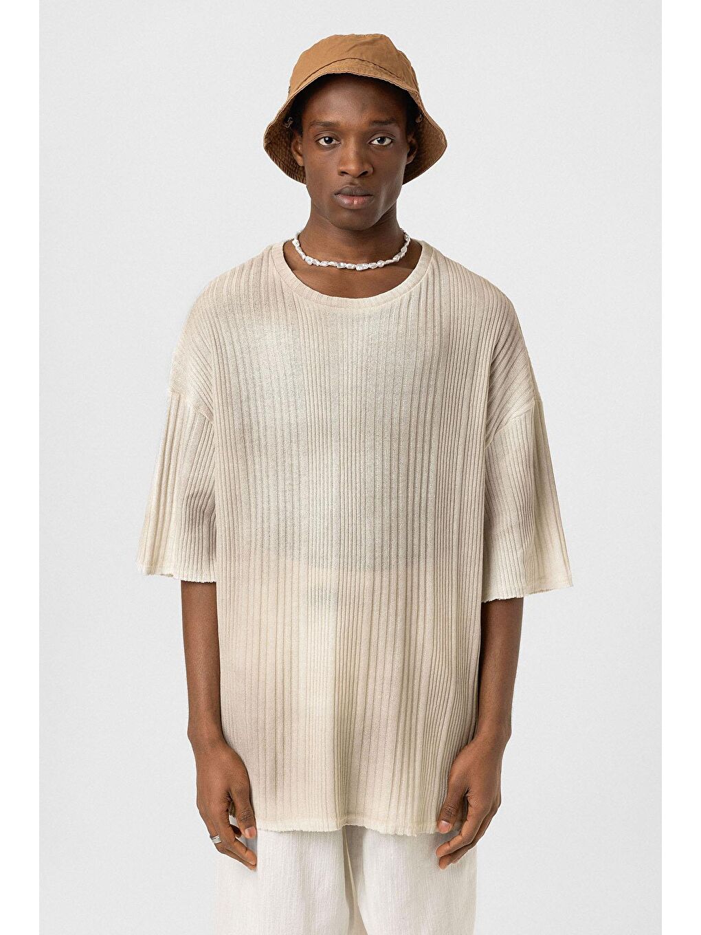 Bej Yıkamalı Oversize Triko Tişört Vizon-2