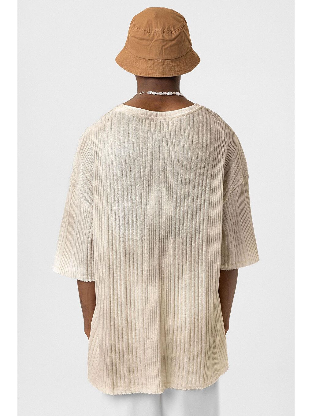 Bej Yıkamalı Oversize Triko Tişört Vizon-4