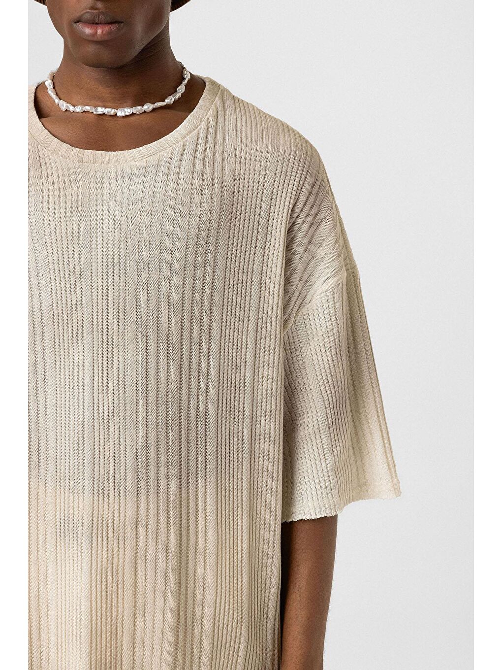 Bej Yıkamalı Oversize Triko Tişört Vizon-5