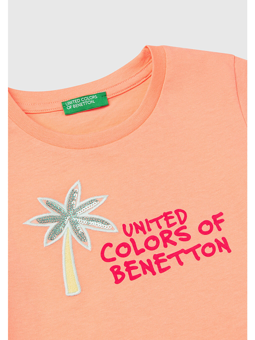 Bej Kız Çocuk Yavruağzı Simli Benetton Logo Baskılı T-Shirt-2