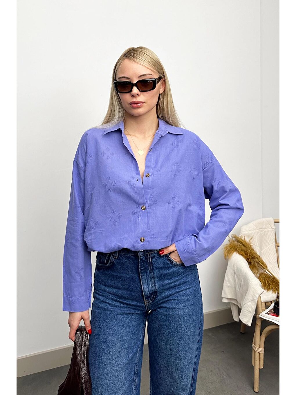 Lila Motifli Oversize Keten Gömlek
