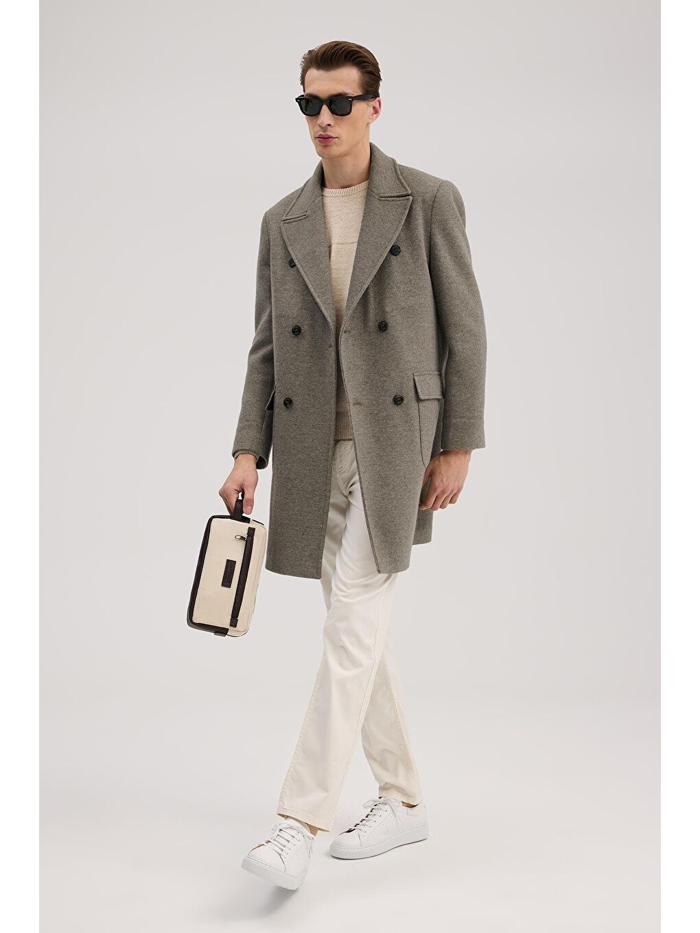 Bej Vizon Comfort Fit Kruvaze Yünlü Kaban