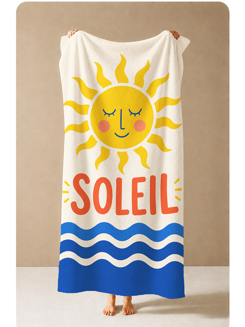 Mavi Retro Soleil Yazılı Güneş Ve Deniz Dalga Desenli 70x150 Plaj Havlusu - Pamuklu Banyo Havlusu