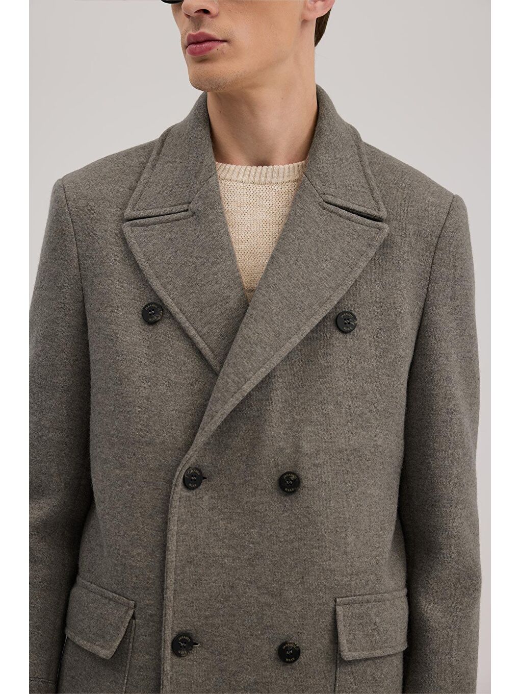 Bej Vizon Comfort Fit Kruvaze Yünlü Kaban-2