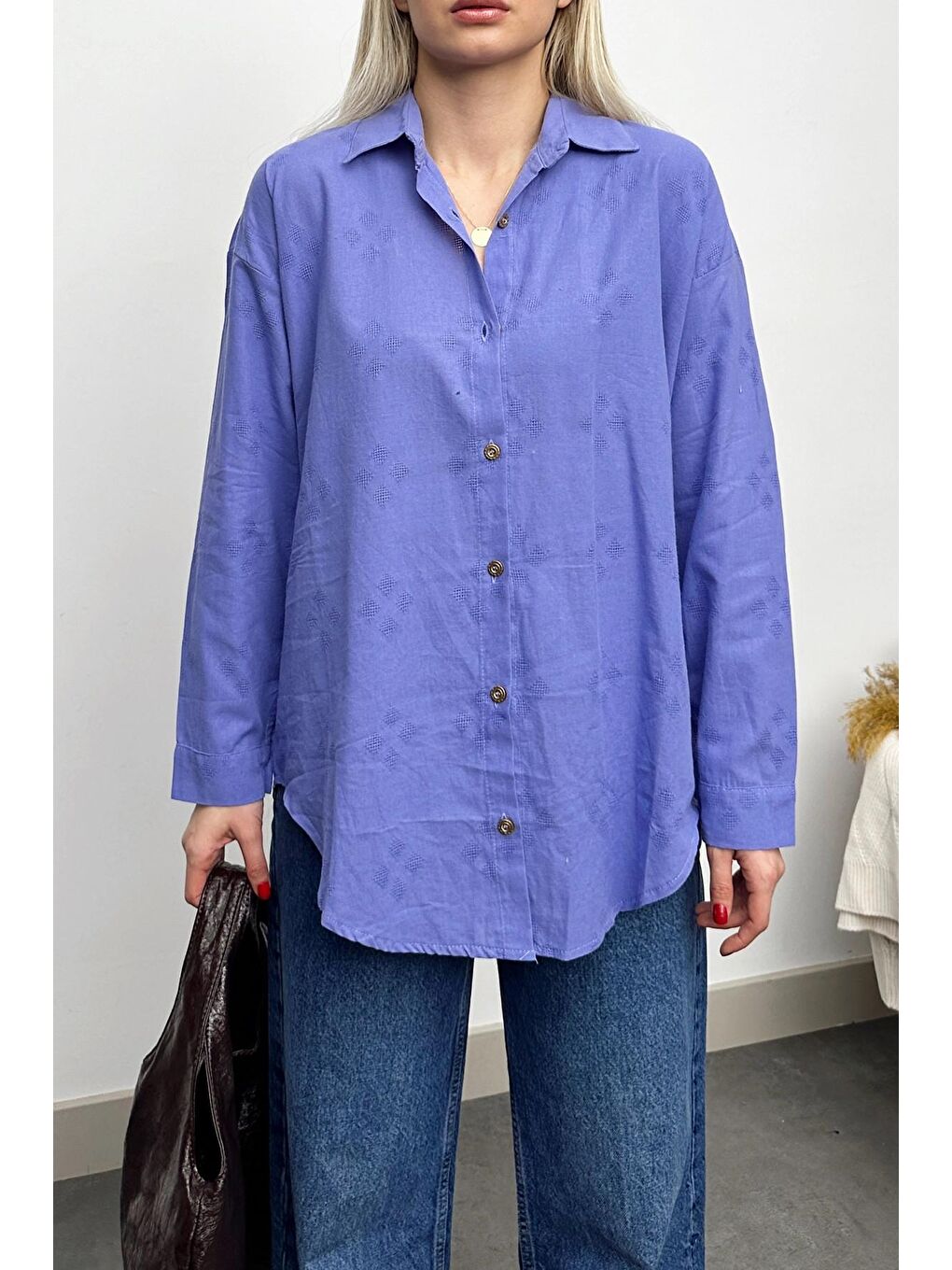 Lila Motifli Oversize Keten Gömlek-1