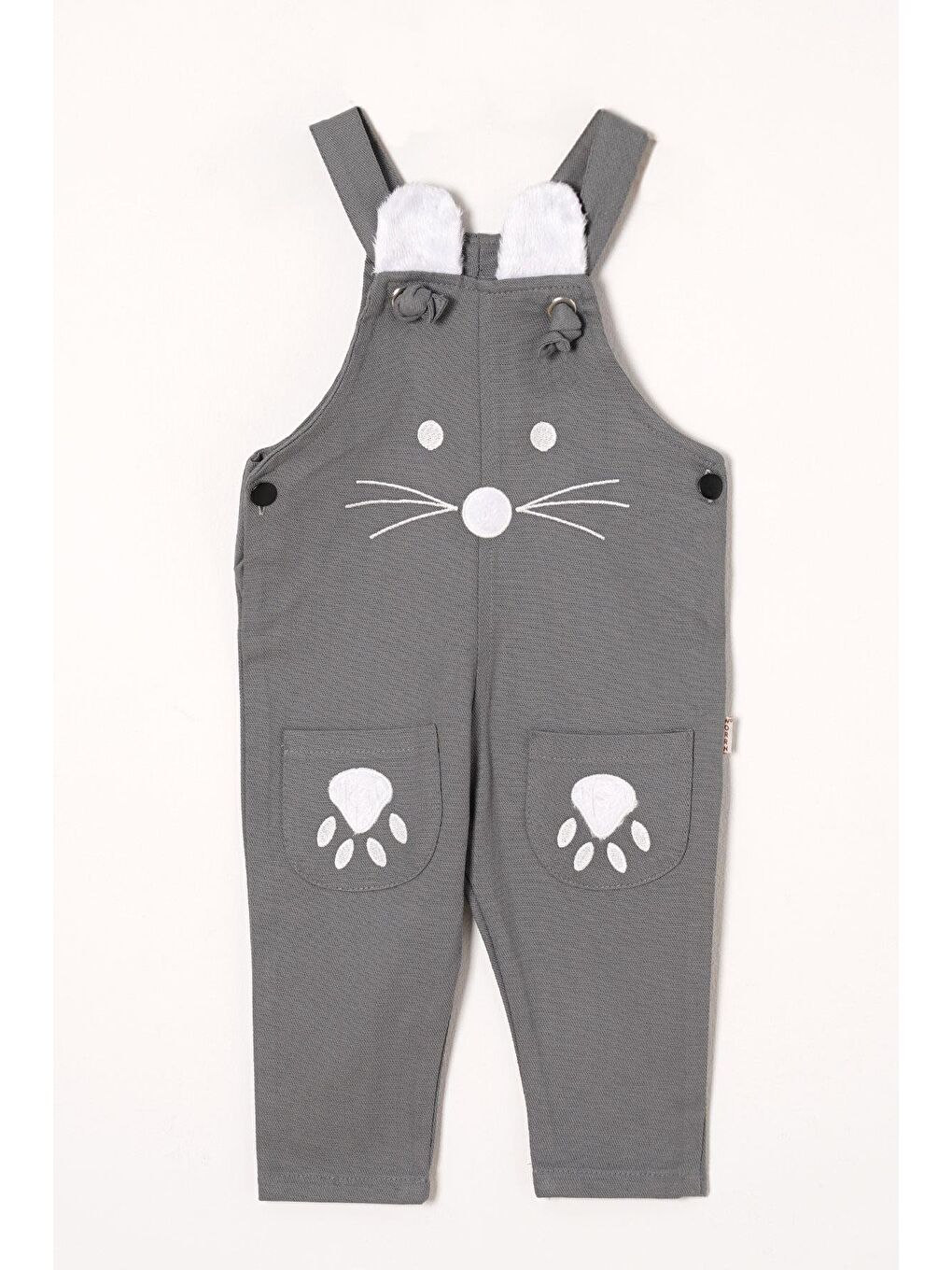 Askılı Çift Cepli Kedicik Gri Beyaz Renk Erkek Çocuk Tulum