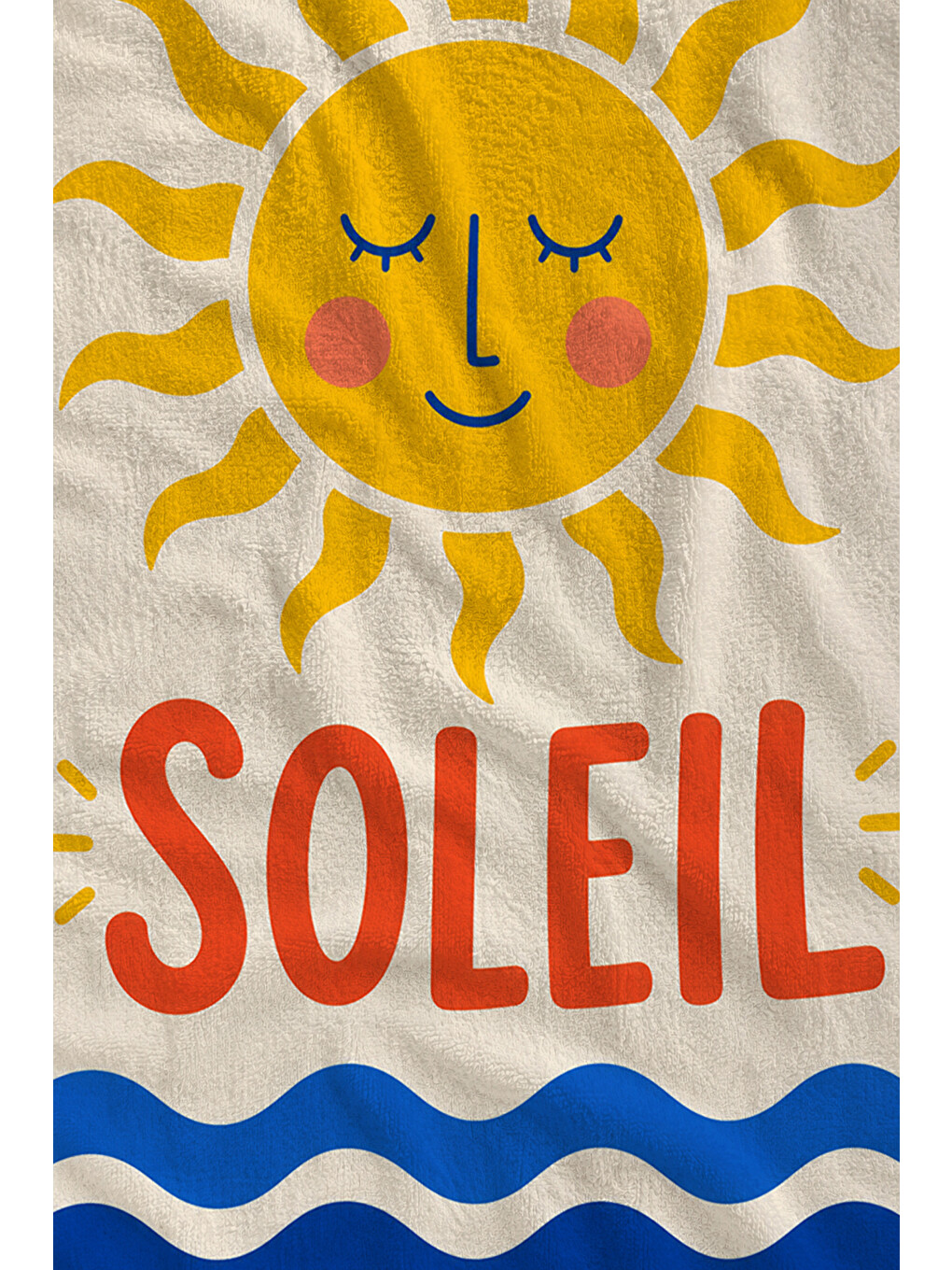 Mavi Retro Soleil Yazılı Güneş Ve Deniz Dalga Desenli 70x150 Plaj Havlusu - Pamuklu Banyo Havlusu-1