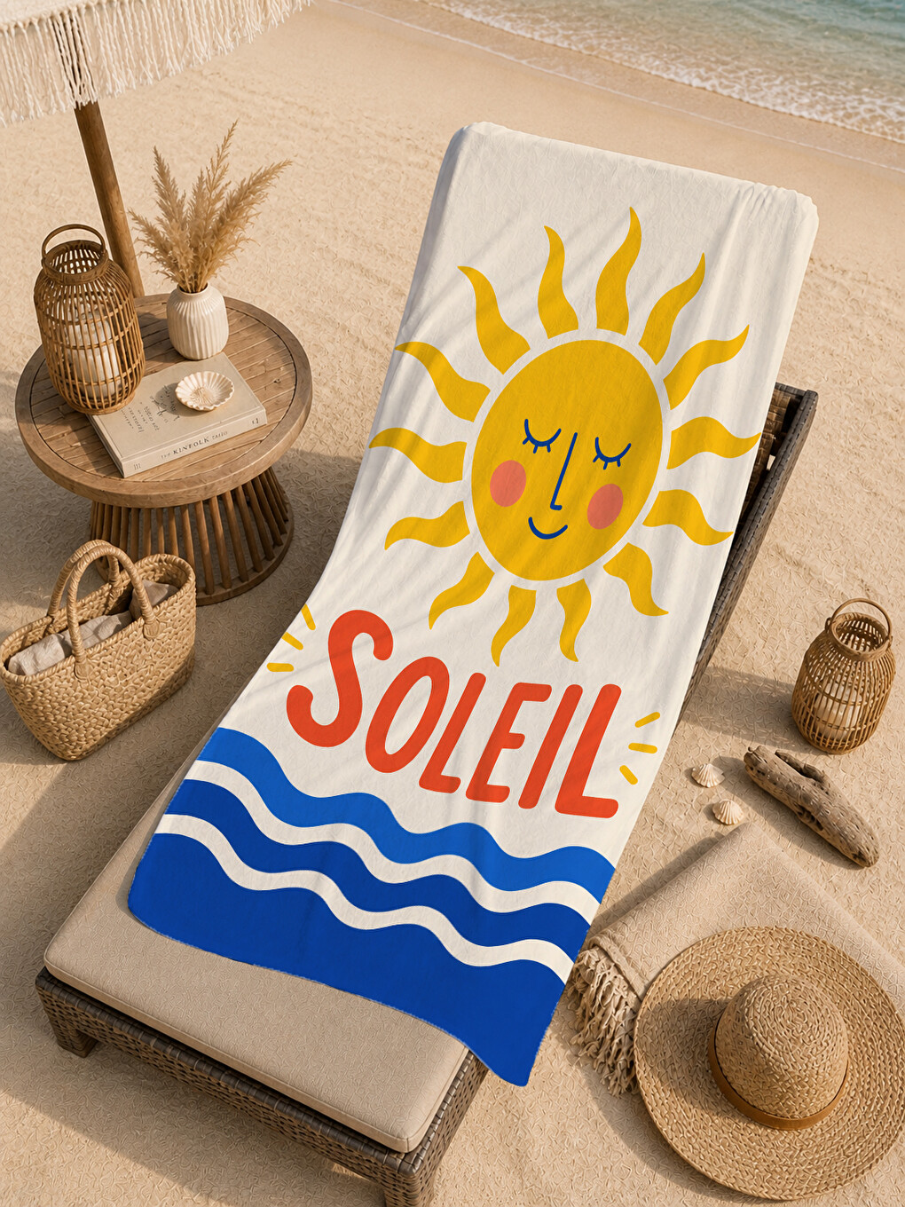 Mavi Retro Soleil Yazılı Güneş Ve Deniz Dalga Desenli 70x150 Plaj Havlusu - Pamuklu Banyo Havlusu-2