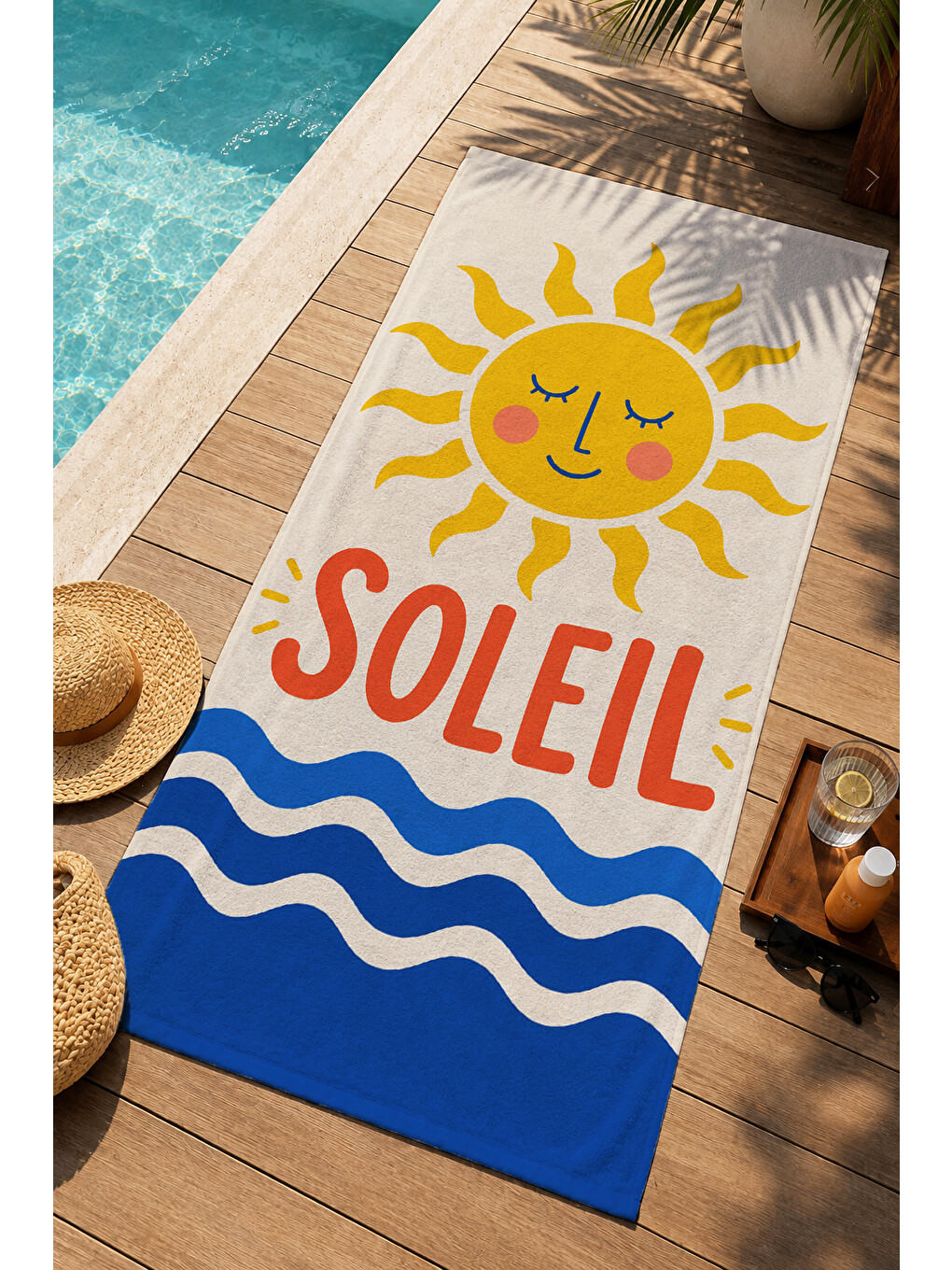 Mavi Retro Soleil Yazılı Güneş Ve Deniz Dalga Desenli 70x150 Plaj Havlusu - Pamuklu Banyo Havlusu-3