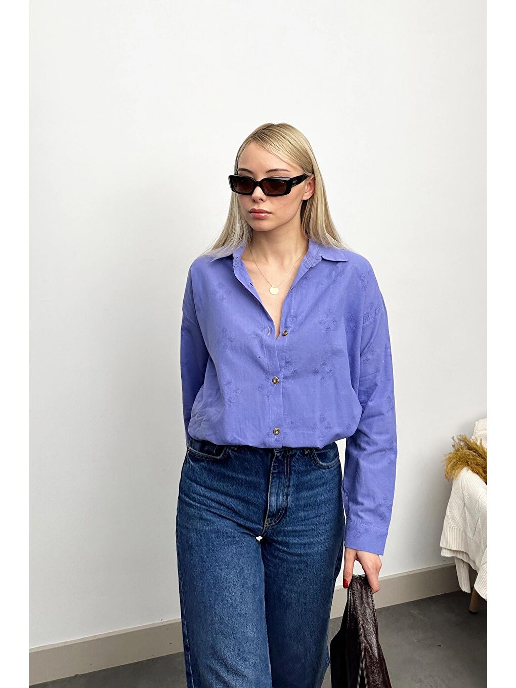 Lila Motifli Oversize Keten Gömlek-2