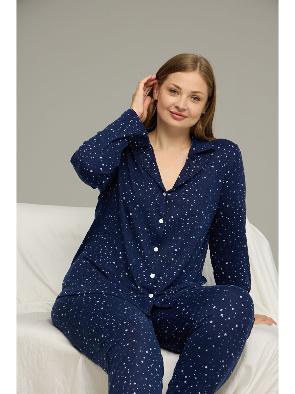 Lacivert Desenli Büyük Beden Battal Boy Gömlek Yaka Düğmeli Milan Örme Pijama Takım25224334