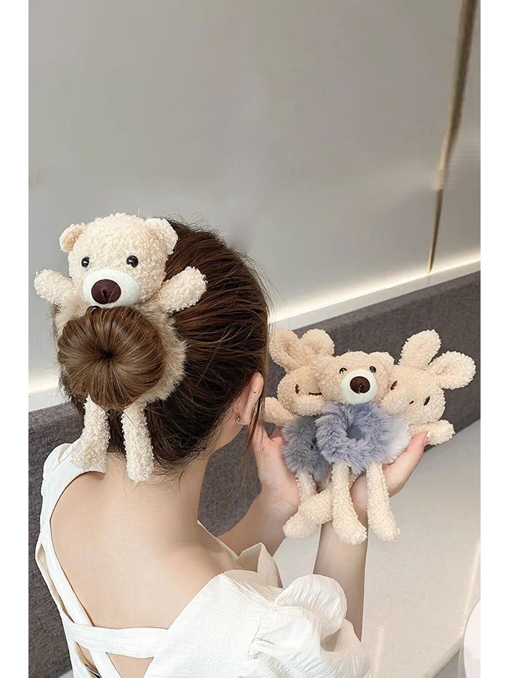 Bej Teddy Bear Peluş Ayıcıklı Kürklü Simit Toka-2