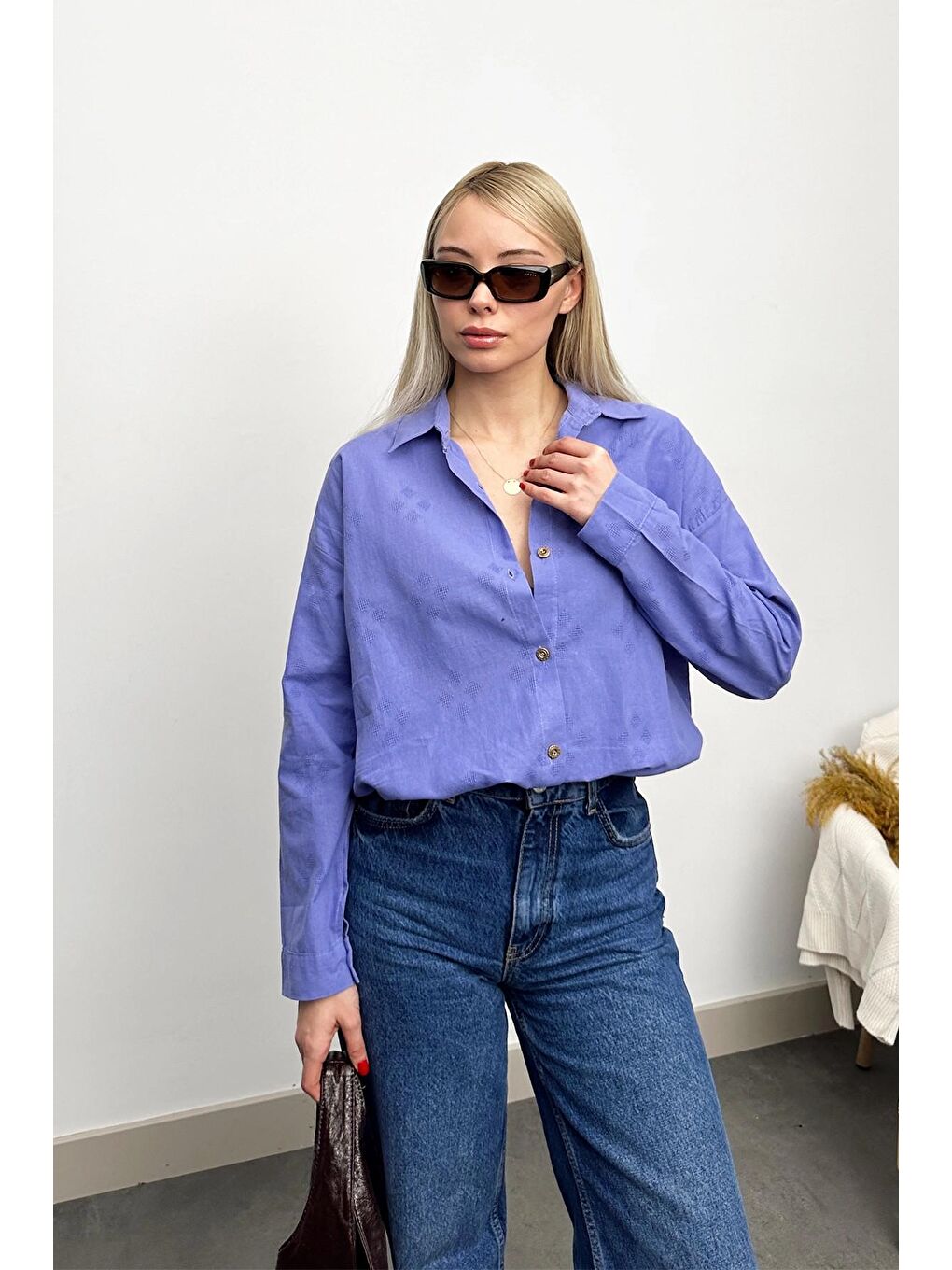 Lila Motifli Oversize Keten Gömlek-3