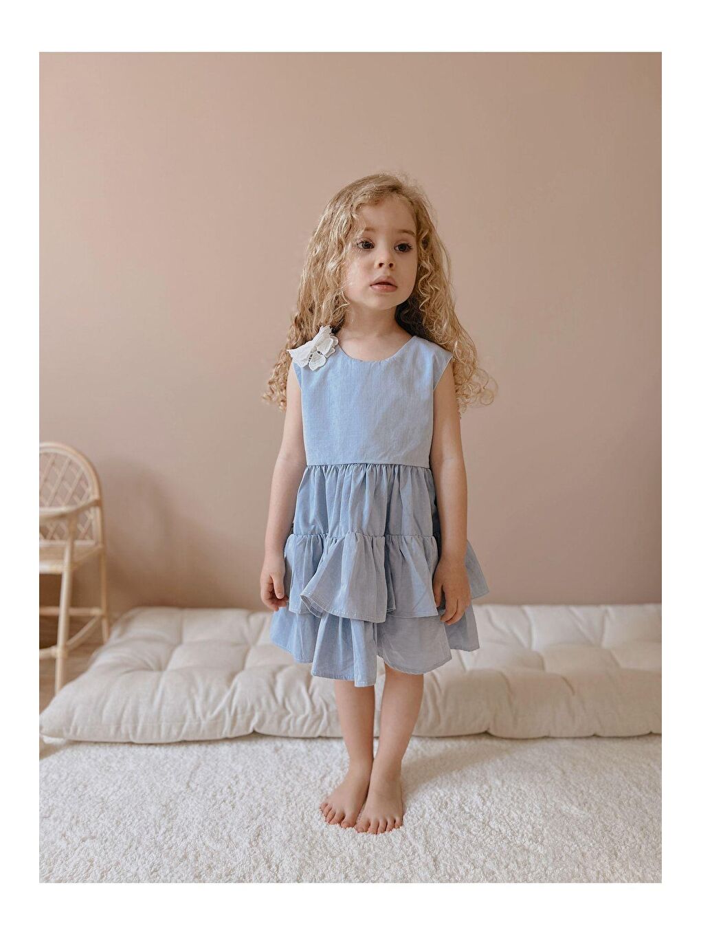 Yeşil Kız Çocuk Mavi Kat Kat Etekli Elbise-1