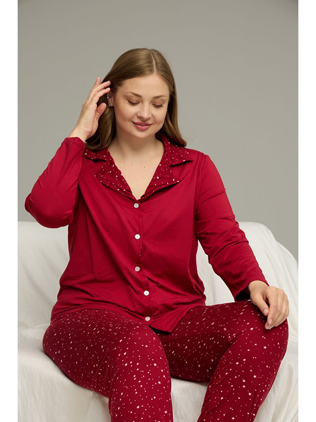 Bordo Desenli Büyük Beden Battal Boy Gömlek Yaka Düğmeli Milan Örme Pijama Takım25224331