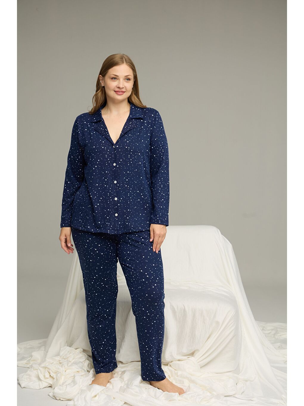 Lacivert Desenli Büyük Beden Battal Boy Gömlek Yaka Düğmeli Milan Örme Pijama Takım25224334-1