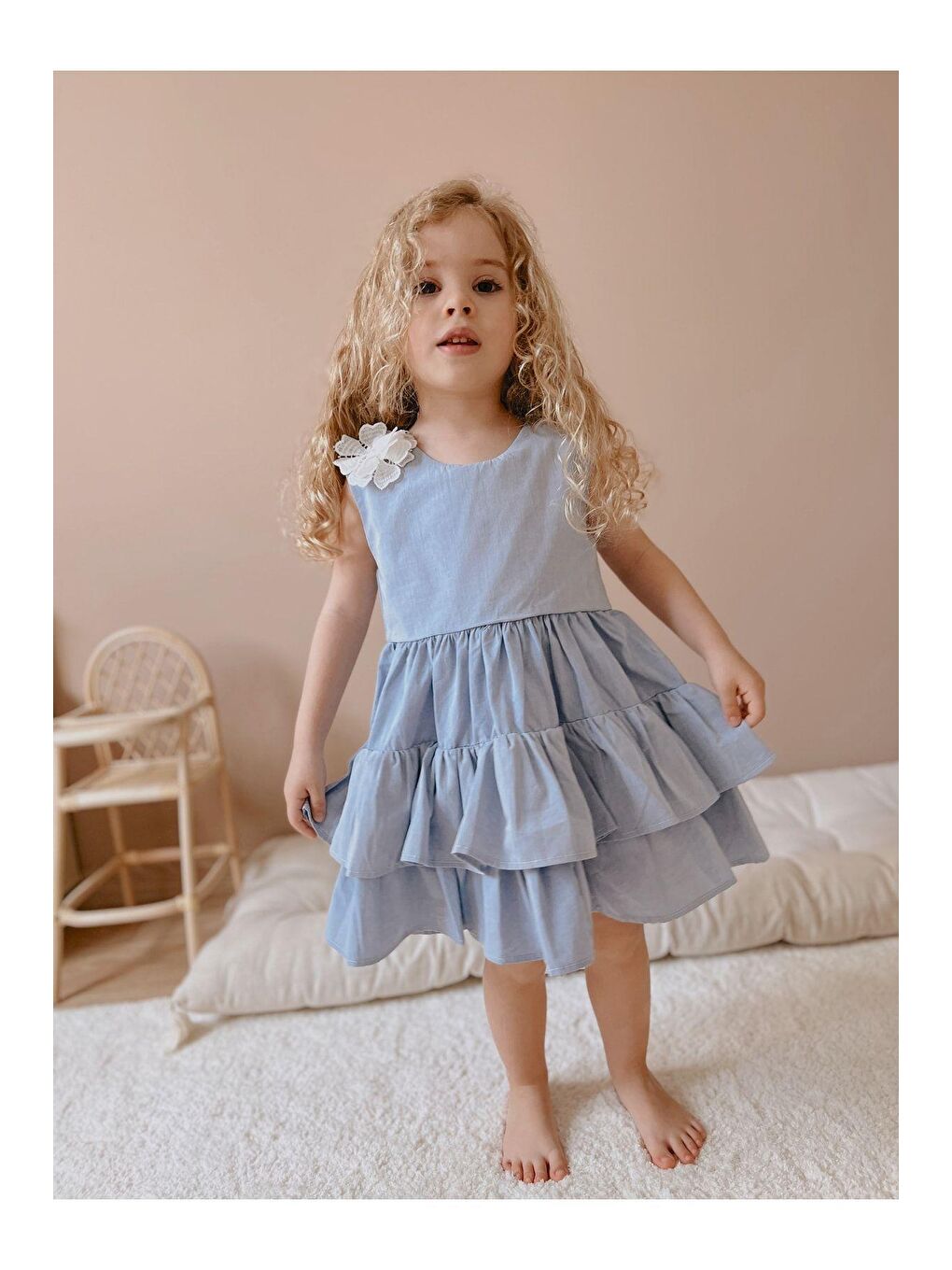 Yeşil Kız Çocuk Mavi Kat Kat Etekli Elbise-2