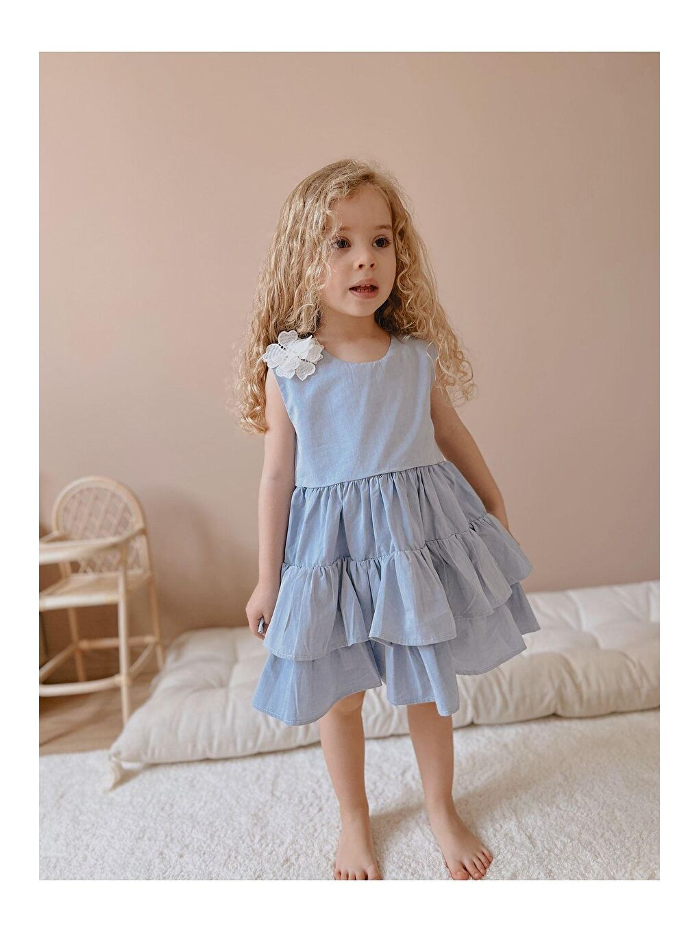 Yeşil Kız Çocuk Mavi Kat Kat Etekli Elbise-4