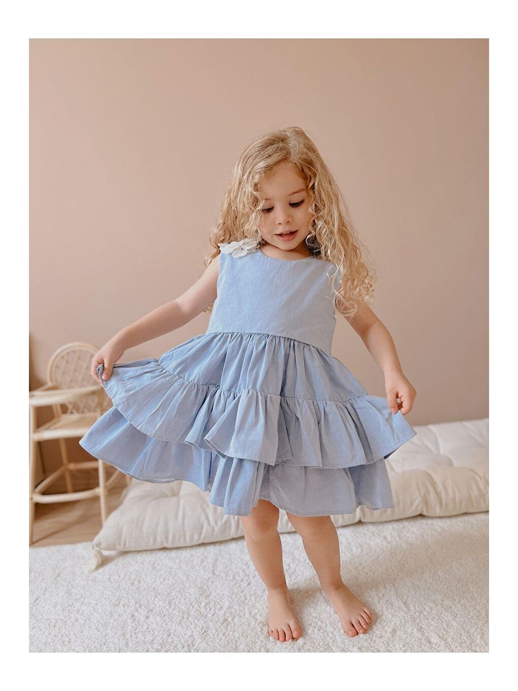 Yeşil Kız Çocuk Mavi Kat Kat Etekli Elbise-5