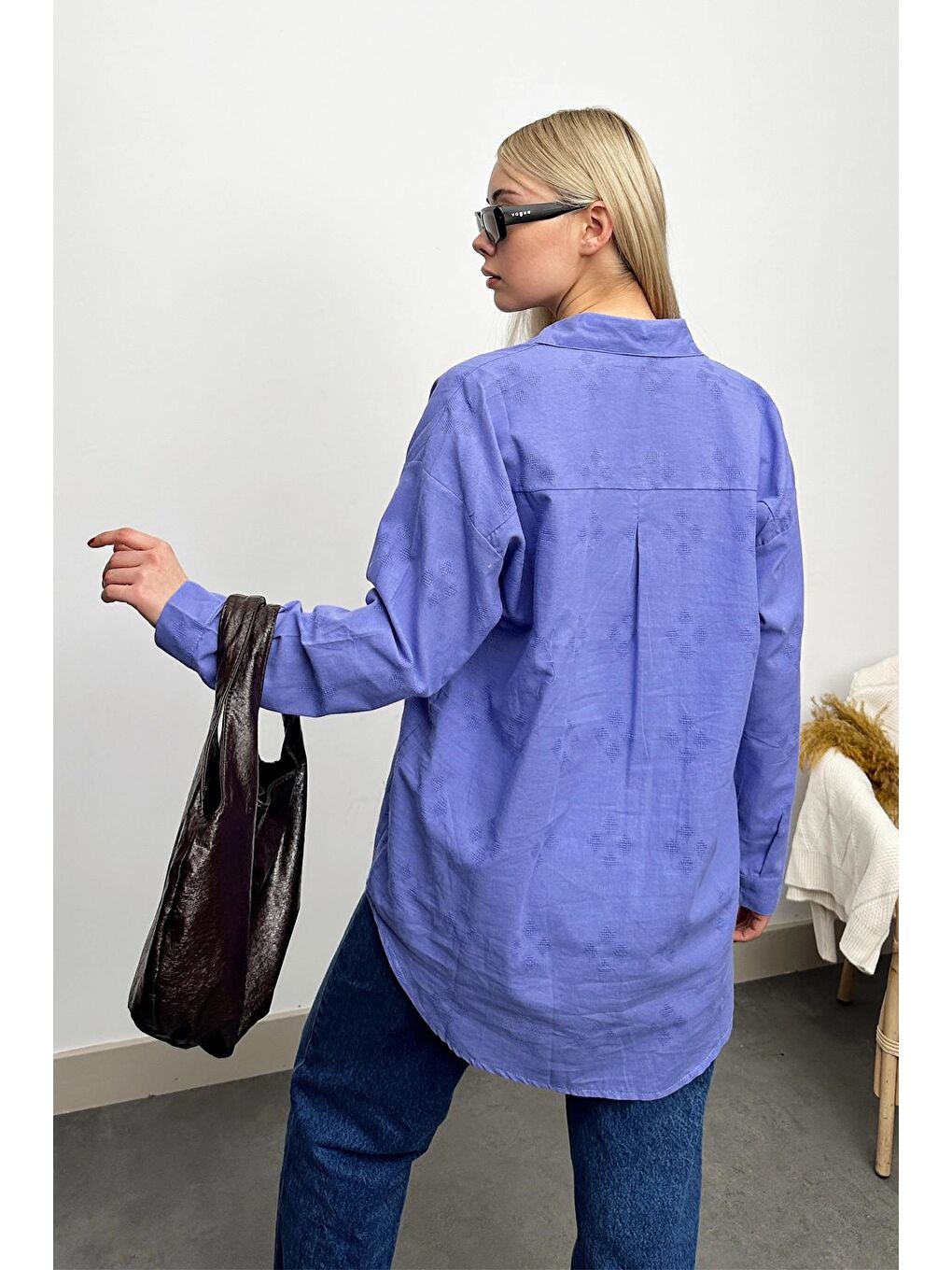 Lila Motifli Oversize Keten Gömlek-4