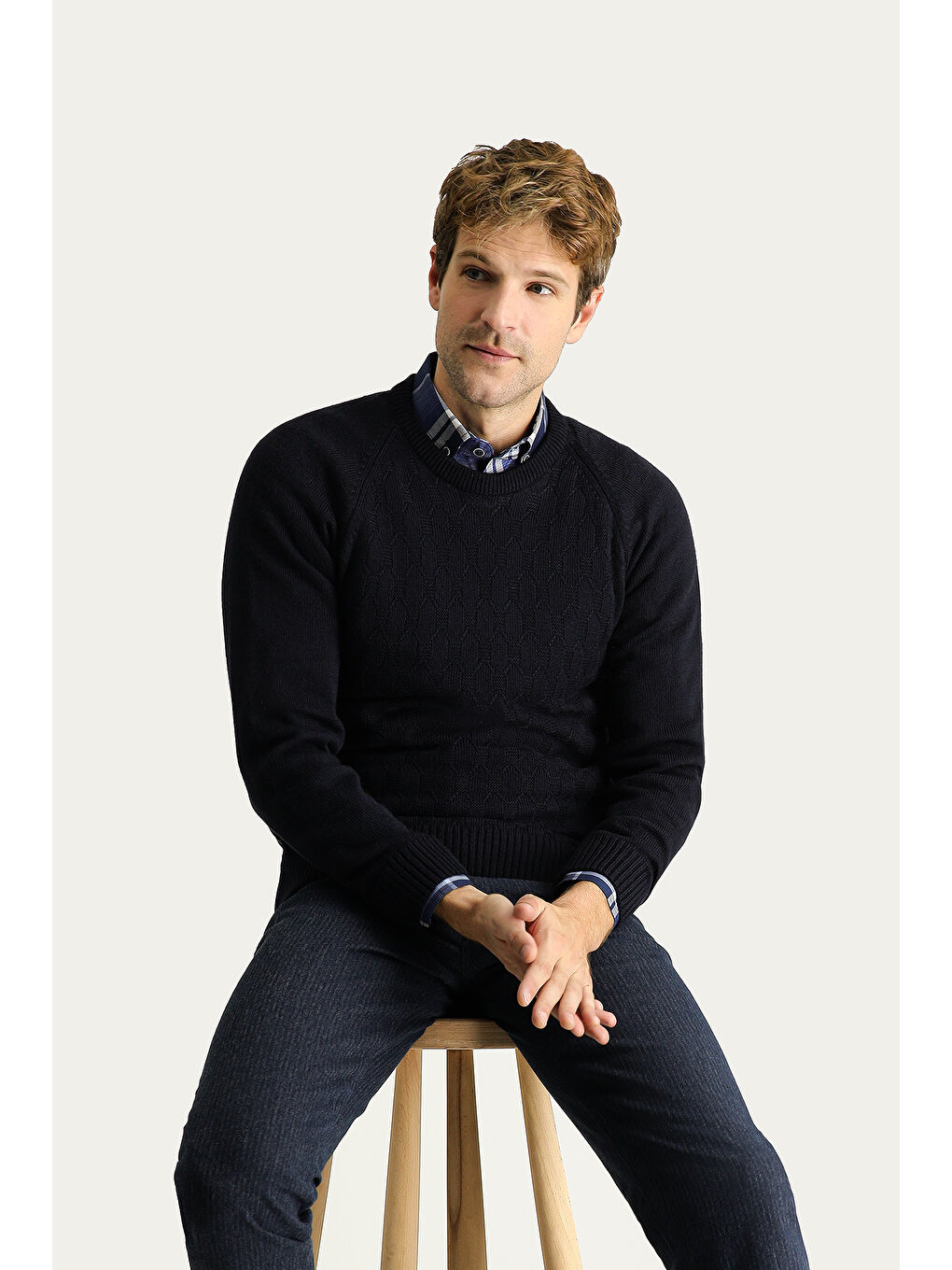 Lacivert Bisiklet Yaka Regular Fit Desenli Triko Kazak