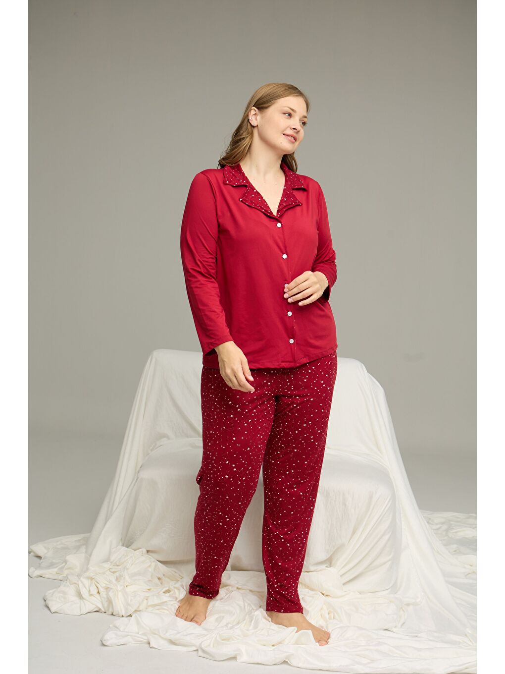 Bordo Desenli Büyük Beden Battal Boy Gömlek Yaka Düğmeli Milan Örme Pijama Takım25224331-1