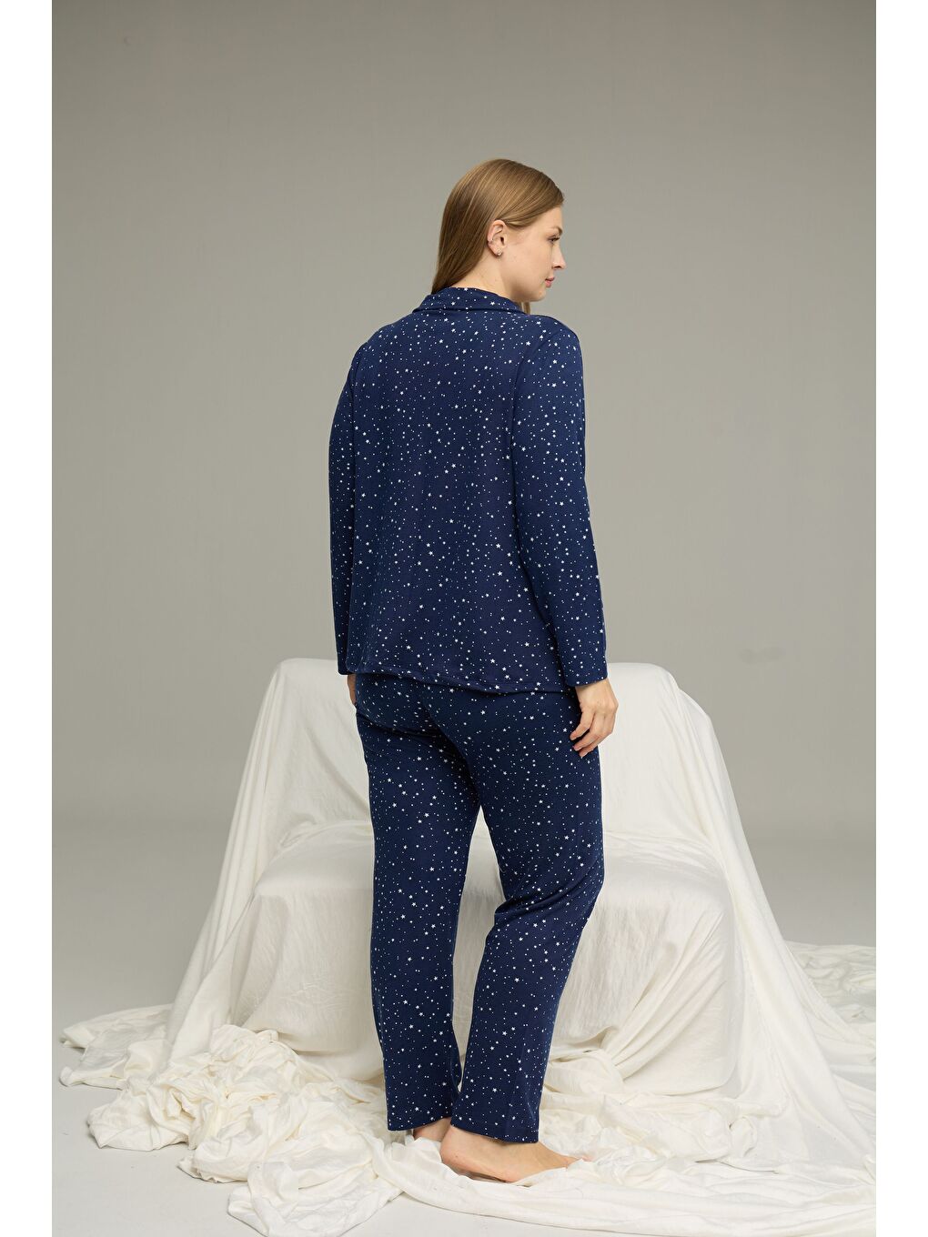 Lacivert Desenli Büyük Beden Battal Boy Gömlek Yaka Düğmeli Milan Örme Pijama Takım25224334-2
