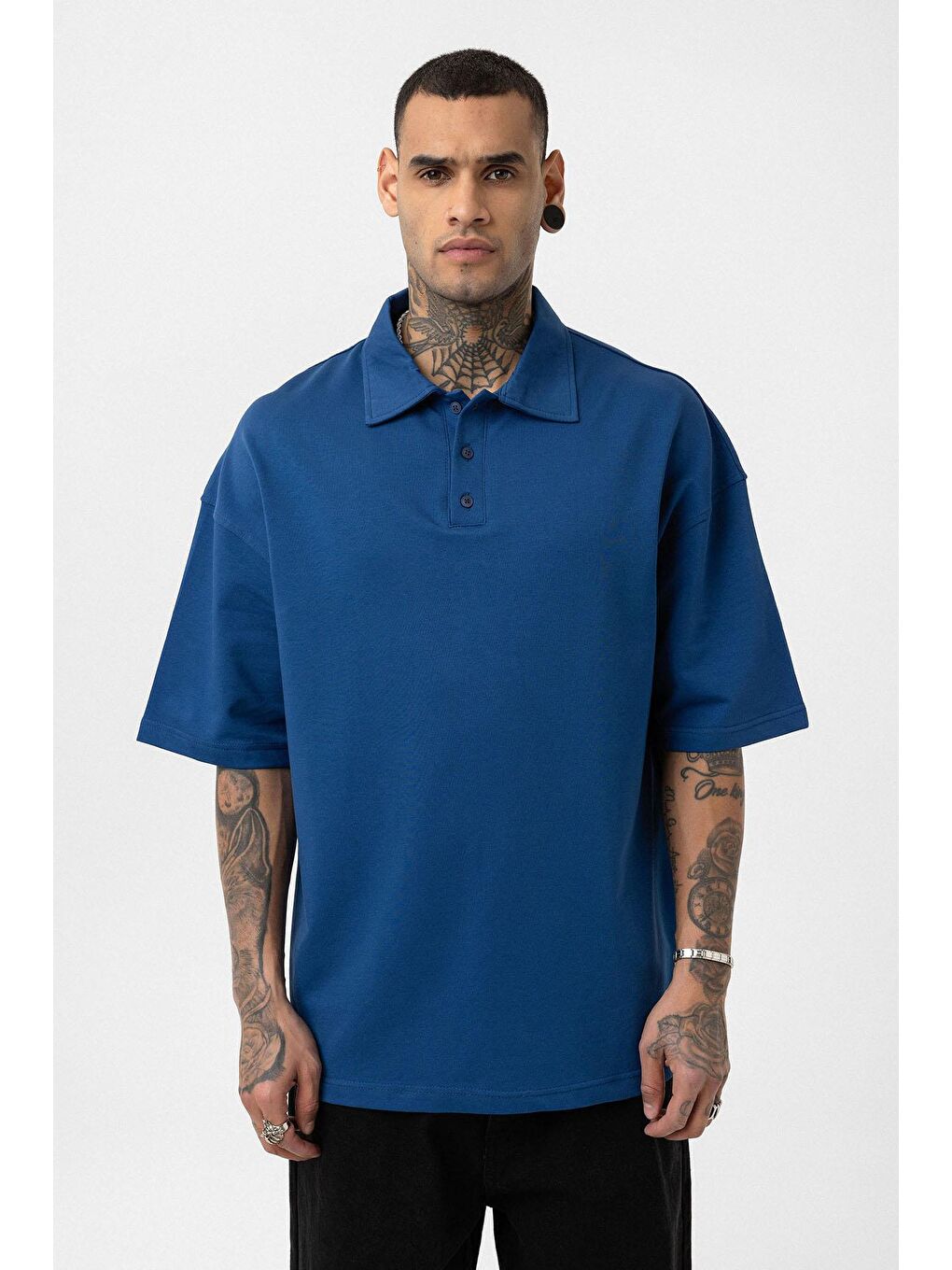 Basic Polo Yaka Oversize Tişört İndigo-2