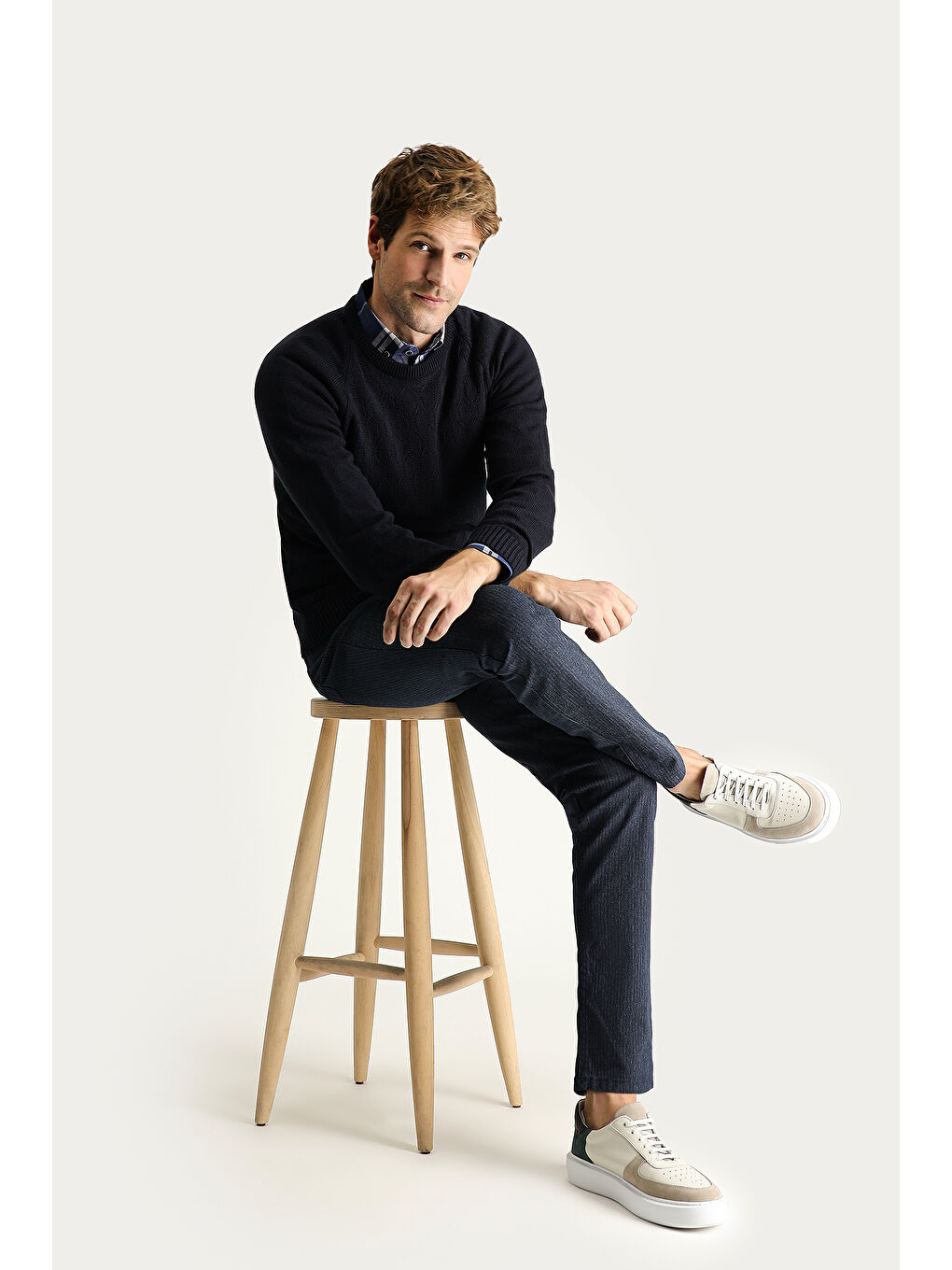 Lacivert Bisiklet Yaka Regular Fit Desenli Triko Kazak-1