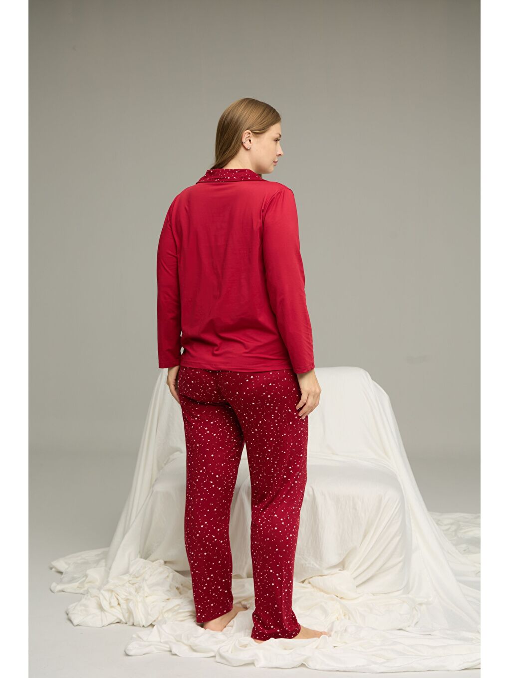 Bordo Desenli Büyük Beden Battal Boy Gömlek Yaka Düğmeli Milan Örme Pijama Takım25224331-2