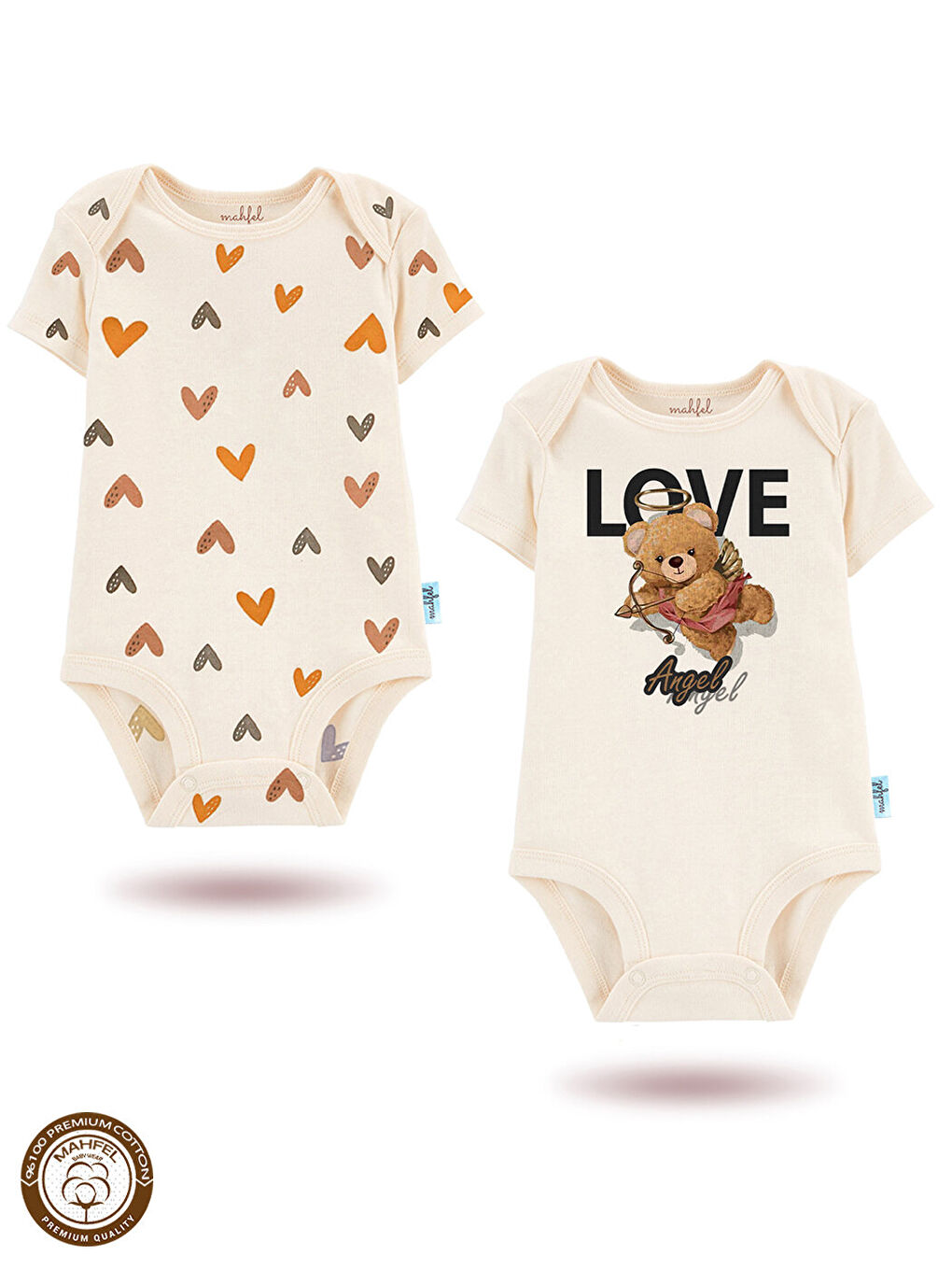 Turuncu 2'Li %100 Pamuklu Organik Baskılı Kısa Kollu Çıtçıtlı Bebek Body Zıbın 827