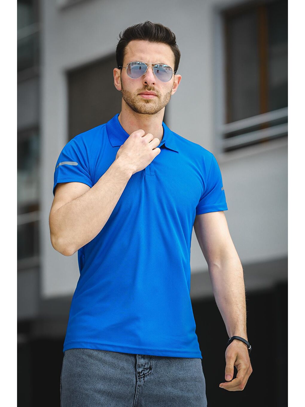 Mavi Este Mikro Polyester Performans Antrenman Erkek Bisiklet Yaka Tişört