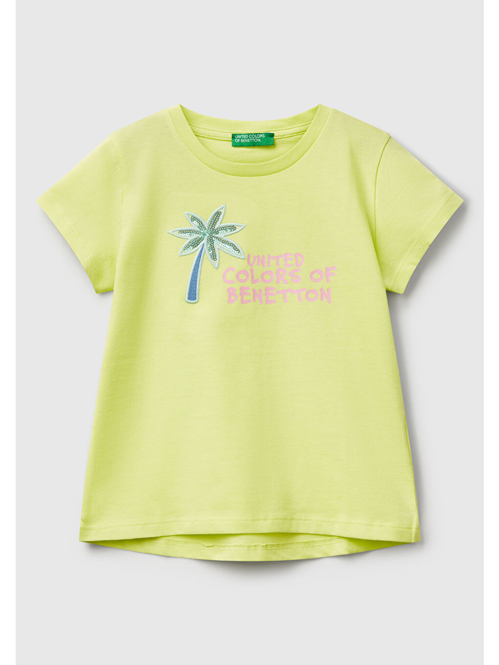 Kız Çocuk Sarı Simli Benetton Logo Baskılı T-Shirt