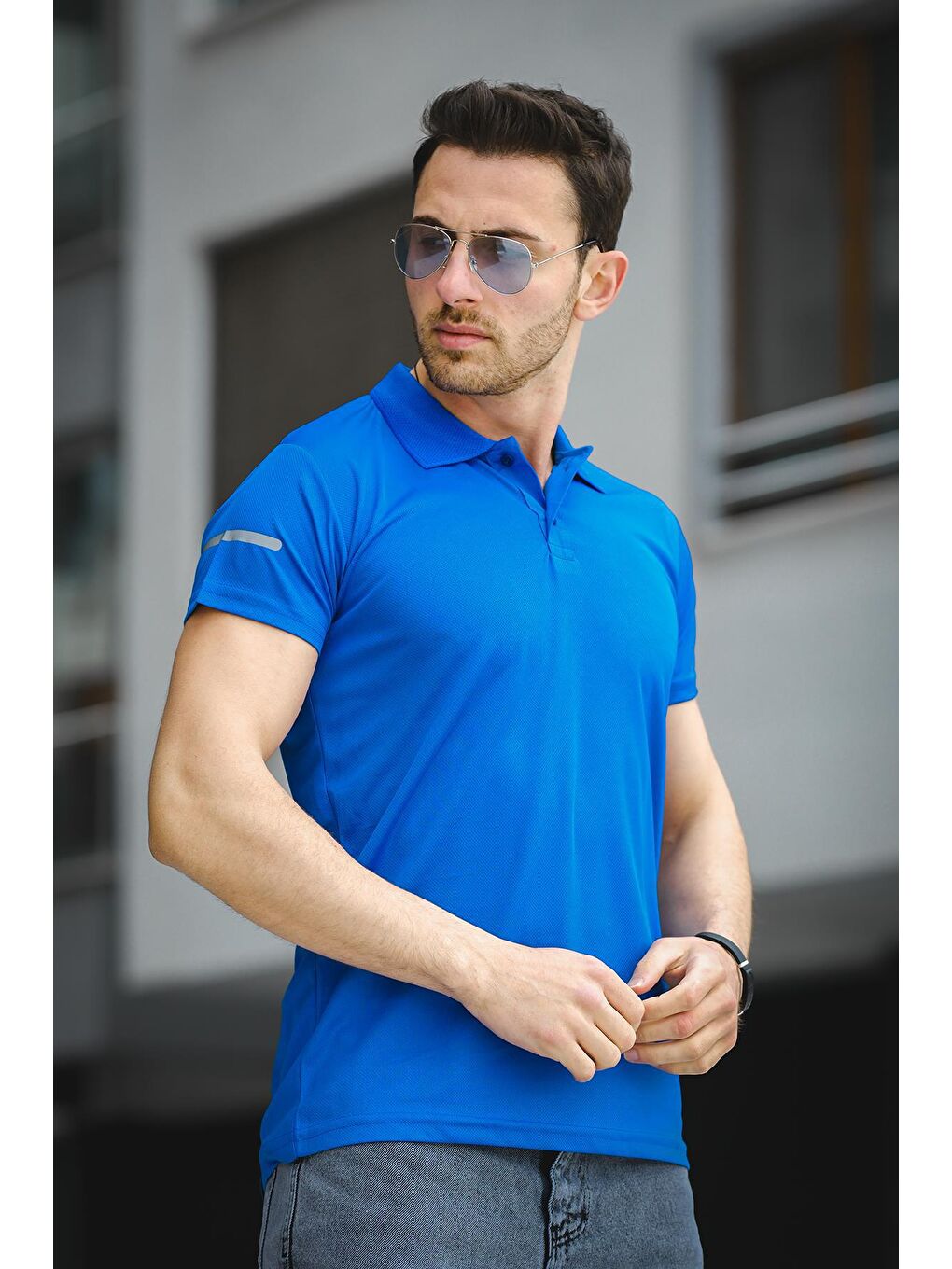 Mavi Este Mikro Polyester Performans Antrenman Erkek Bisiklet Yaka Tişört-1