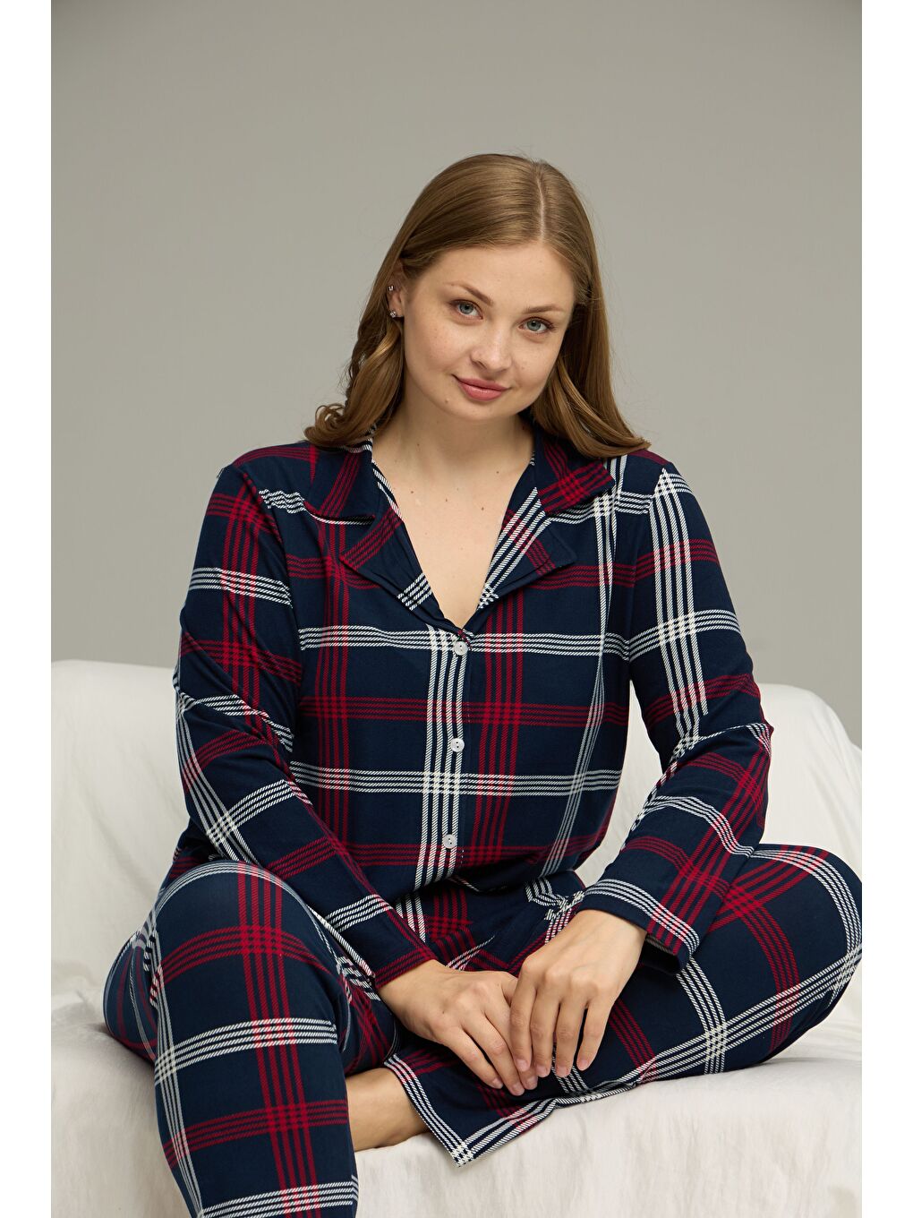 Lacivert Desenli Büyük Beden Battal Boy Gömlek Yaka Düğmeli Milan Örme Pijama Takım25224333