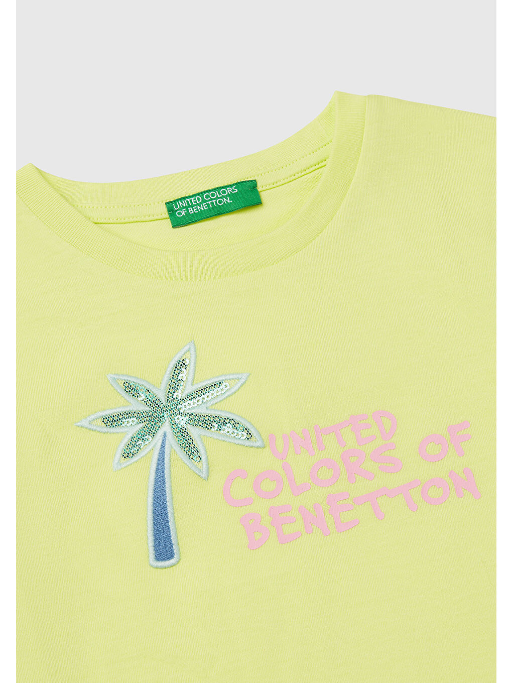 Kız Çocuk Sarı Simli Benetton Logo Baskılı T-Shirt-2
