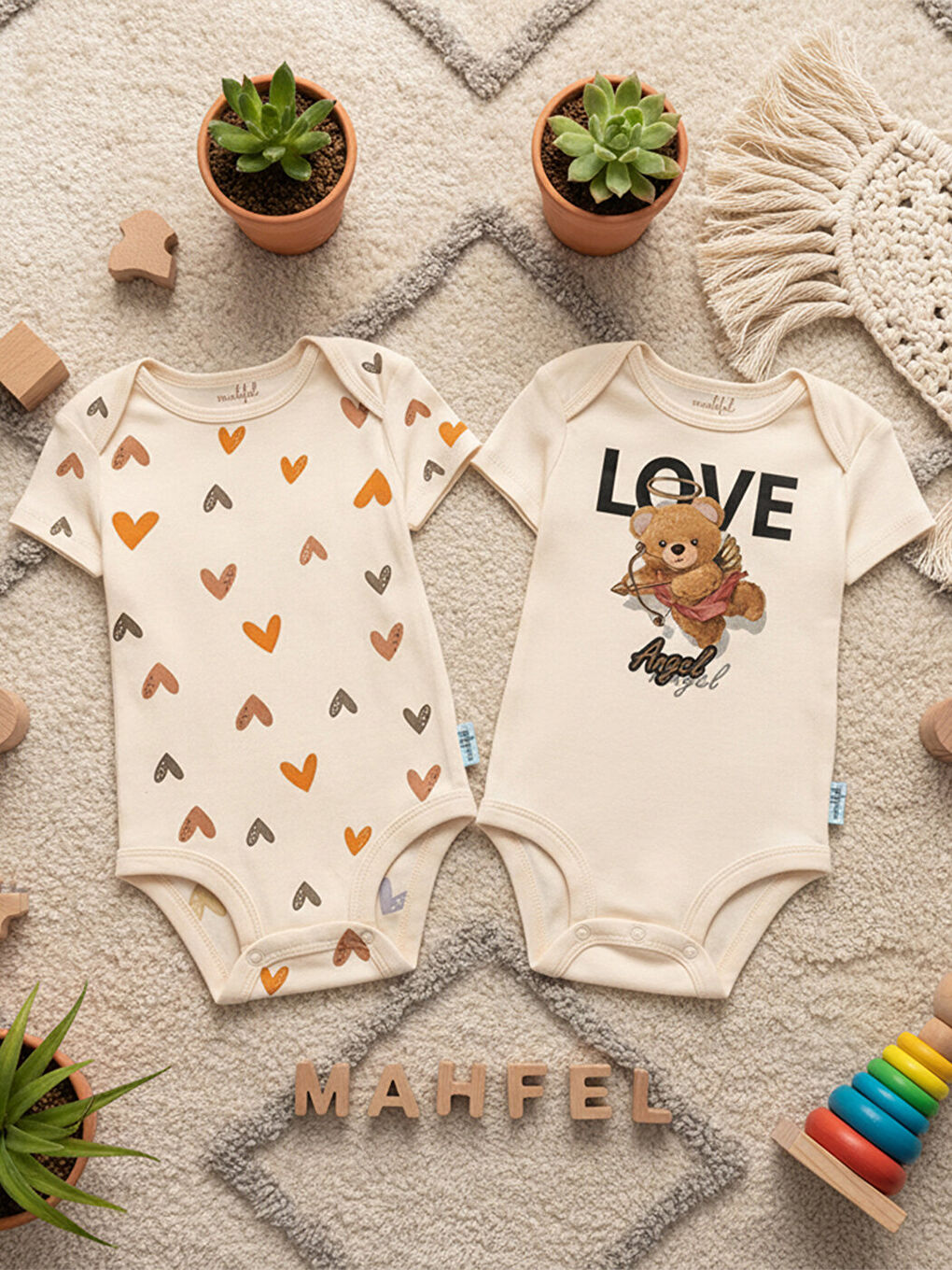 Turuncu 2'Li %100 Pamuklu Organik Baskılı Kısa Kollu Çıtçıtlı Bebek Body Zıbın 827-2