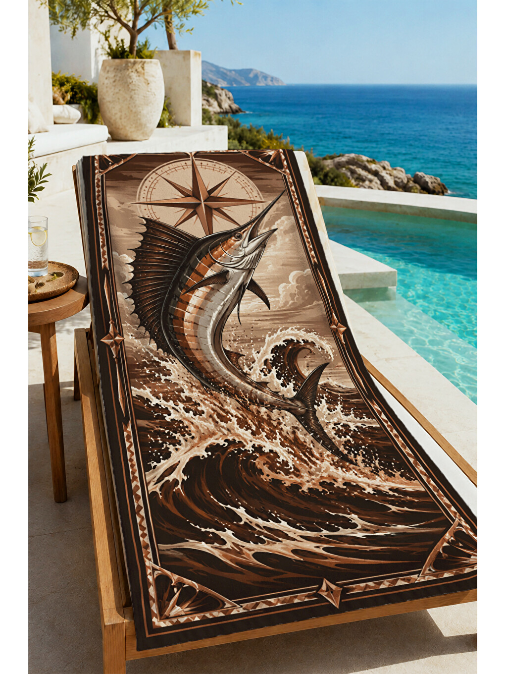 Mavi Vintage Marlin Balığı Dalga Desenli 70x150 Plaj Havlusu - Dijital Baskılı Solmaz Banyo Havlusu-1