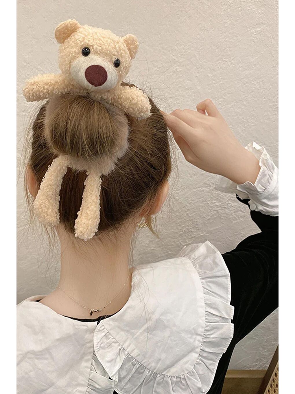 Bej Teddy Bear Peluş Ayıcıklı Kürklü Simit Toka-1