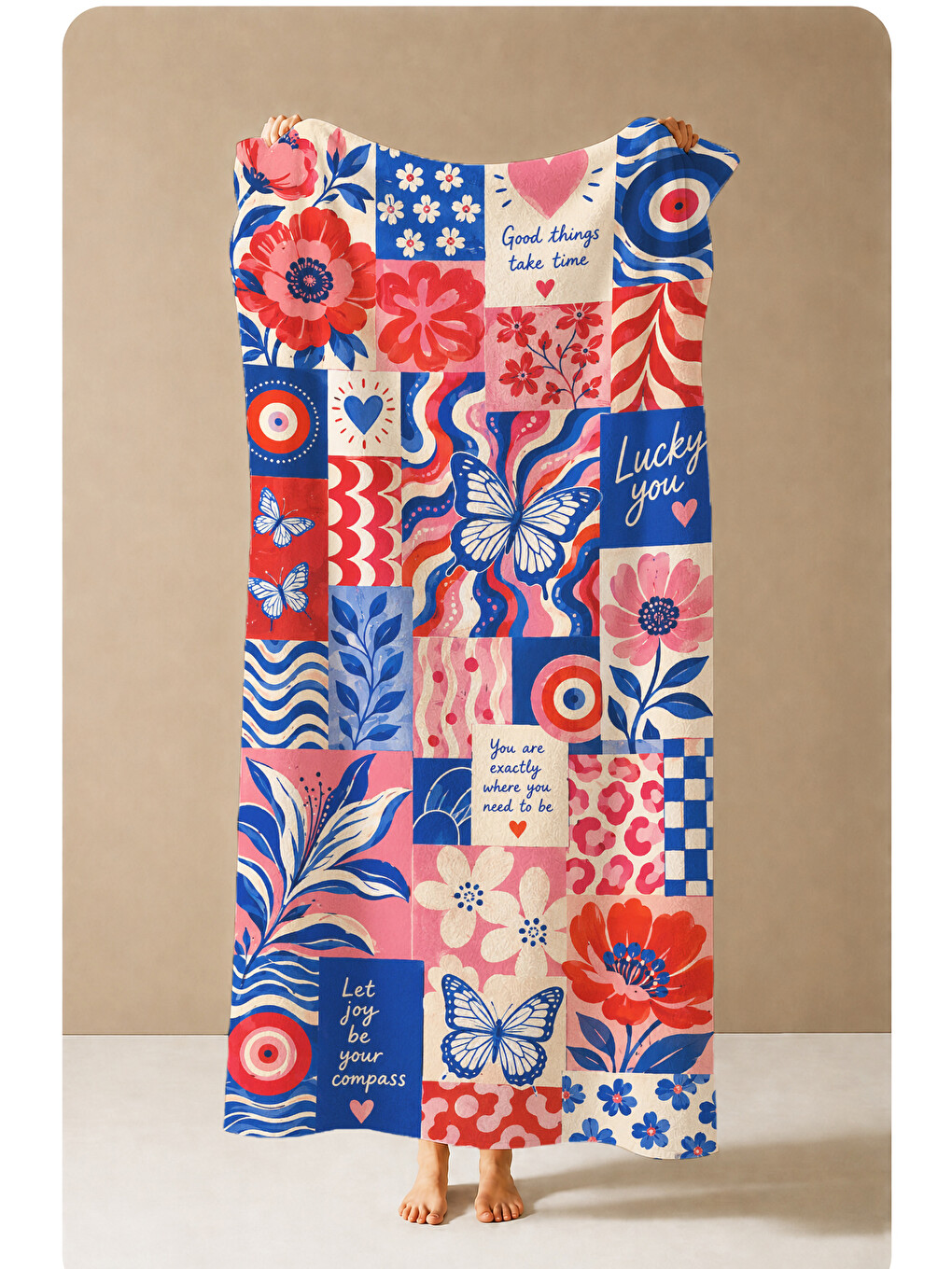 Pop Art Kırmızı Mavi Yaz Kolajı Desenli 70x150 Plaj Havlusu - Dijital Baskılı Solmaz Banyo Havlusu-3