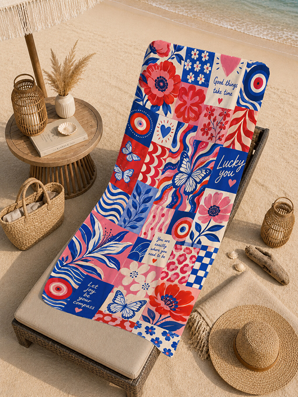 Pop Art Kırmızı Mavi Yaz Kolajı Desenli 70x150 Plaj Havlusu - Dijital Baskılı Solmaz Banyo Havlusu-4