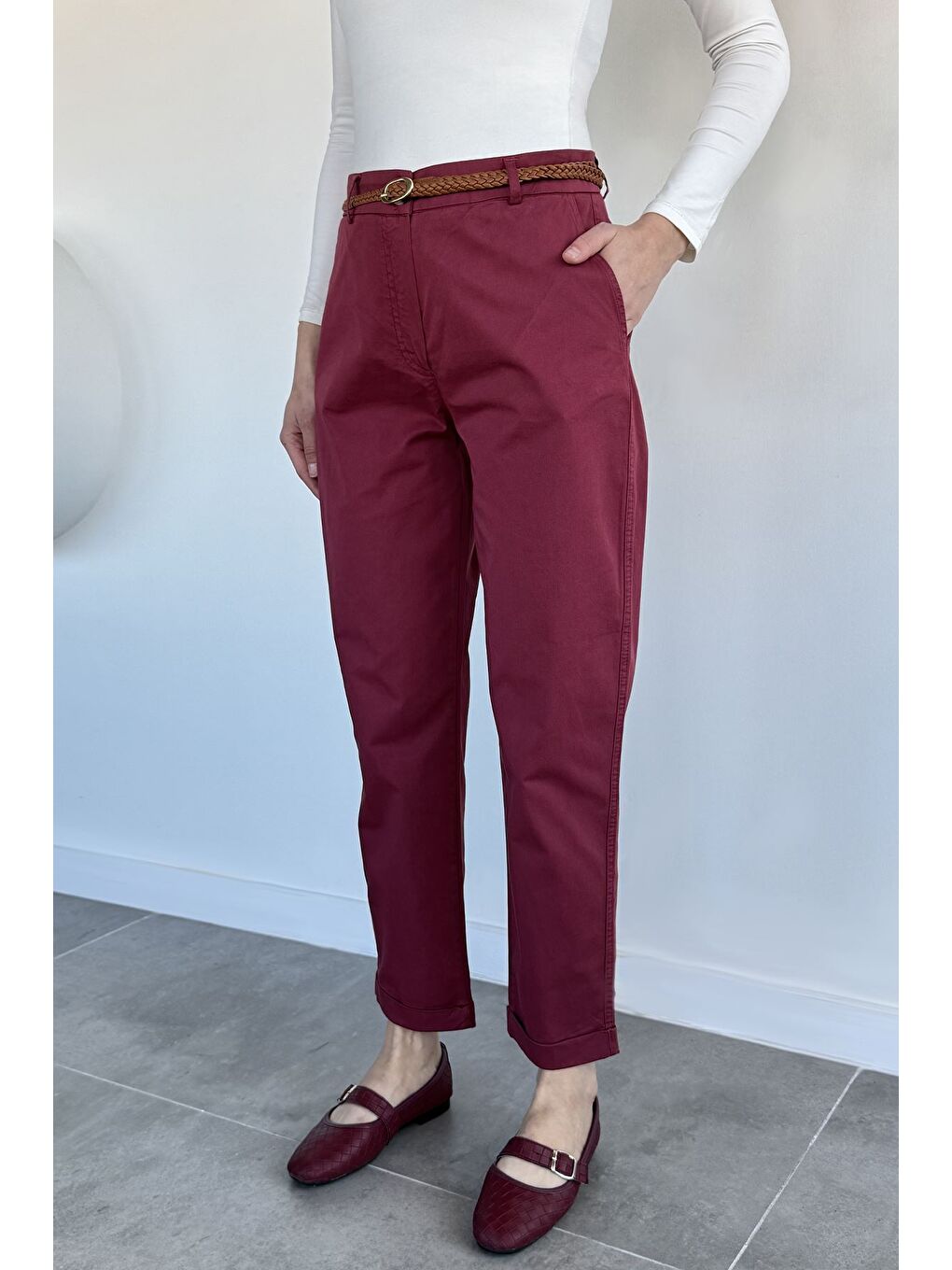 Bordo Perry Kemerli Kadın Pantolon-1