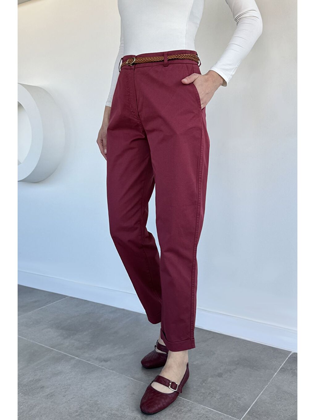 Bordo Perry Kemerli Kadın Pantolon-2