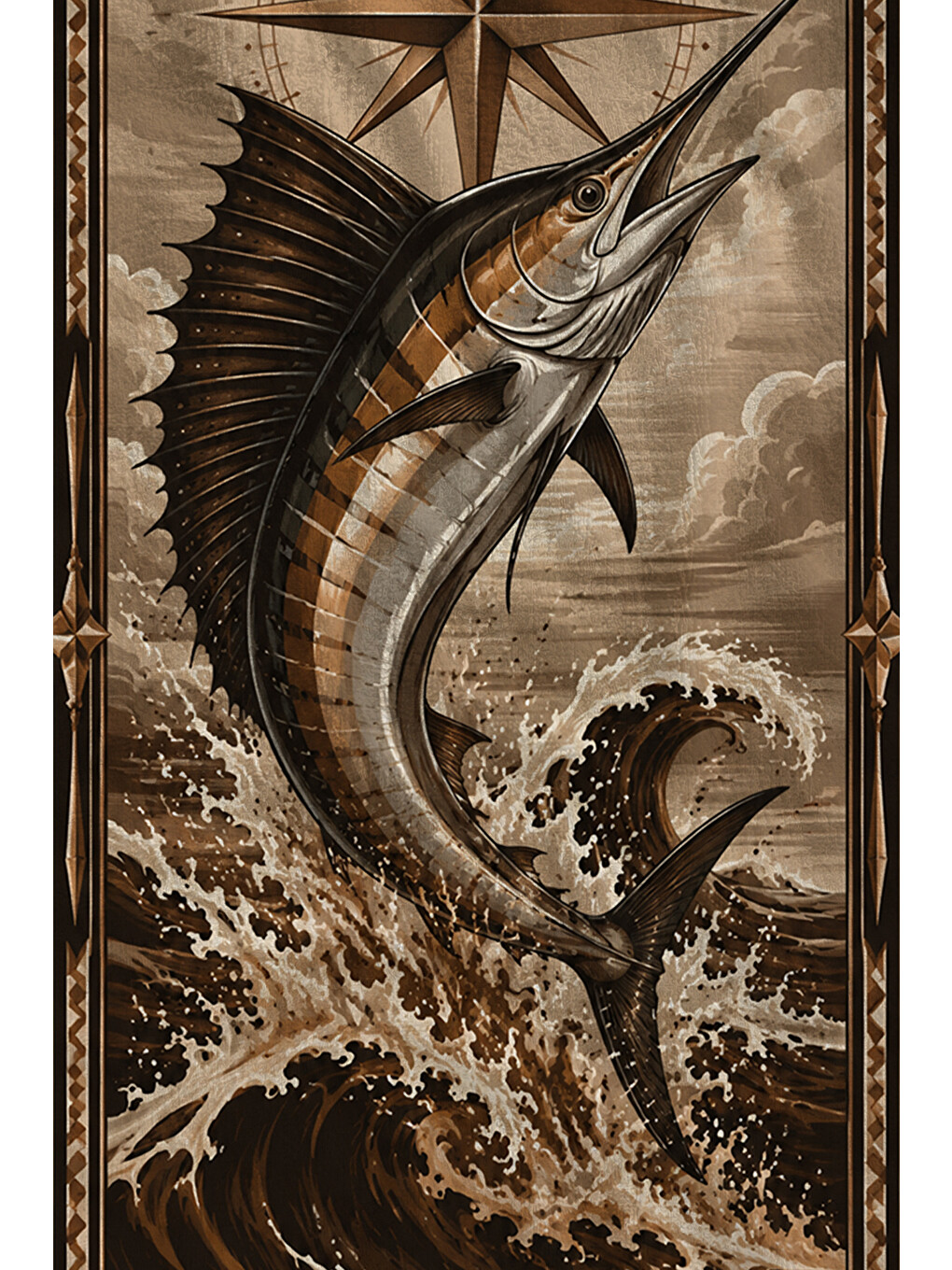 Mavi Vintage Marlin Balığı Dalga Desenli 70x150 Plaj Havlusu - Dijital Baskılı Solmaz Banyo Havlusu-2