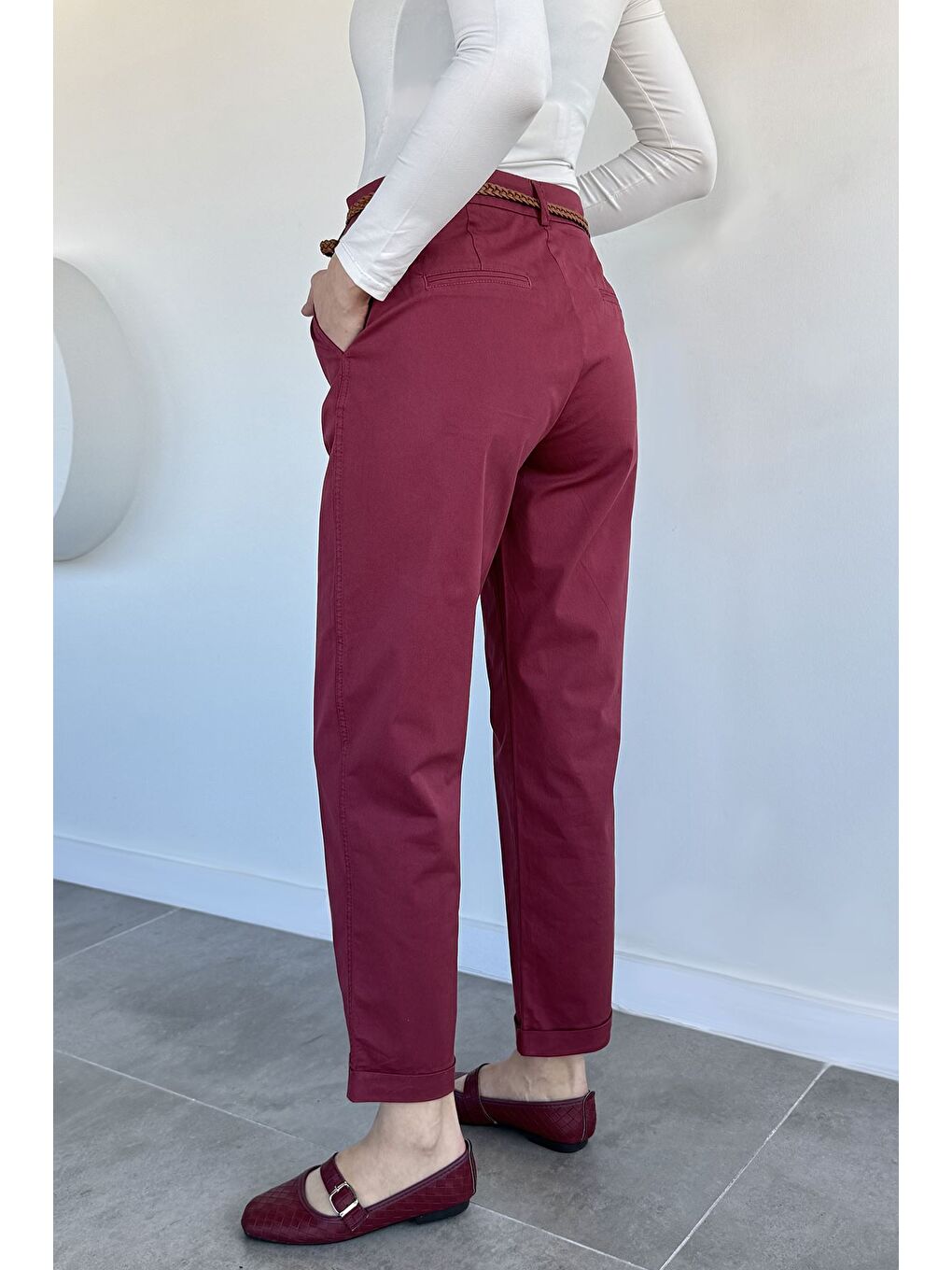 Bordo Perry Kemerli Kadın Pantolon-3