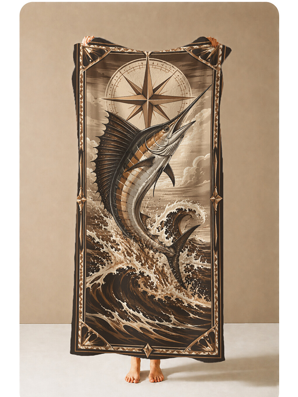 Mavi Vintage Marlin Balığı Dalga Desenli 70x150 Plaj Havlusu - Dijital Baskılı Solmaz Banyo Havlusu-3