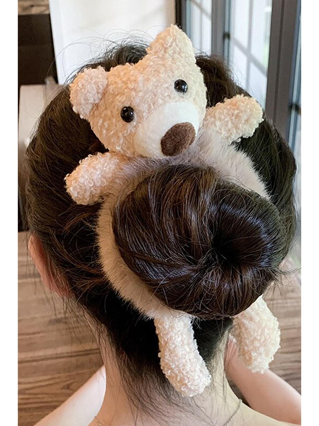 Bej Teddy Bear Peluş Ayıcıklı Kürklü Simit Toka-4